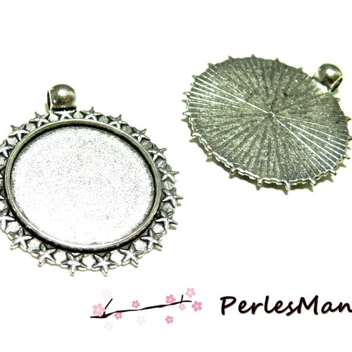 Ref 53 pax 2 supports de pendentif arty mulit étoile 25mm, laiton finition argent antique