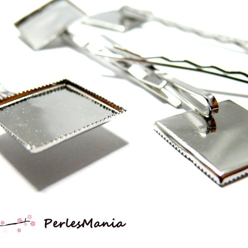 Pax 10 supports de barrettes, bob pin, plateau dentelle, carré 20mm, laiton, coloris argent platine