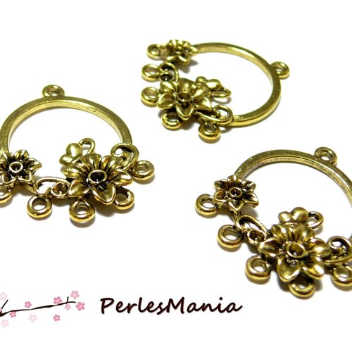 Pea10807 lot de 4 multi connecteurs fleur 35mm, laiton finition or antique