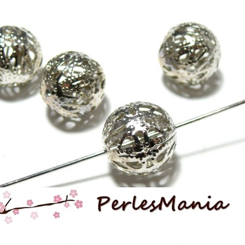 Ref 2n6705 pax 20 perles intercalaire ronde dentelle filigrane 10mm, métal finition argent platine