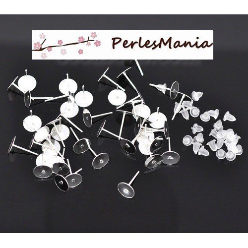 S1168475 pax 100 boucles d'oreille clou, puce forme plateau lisse 6mm, métal finition argent vif, diy vendu avec embouts poussoir plastique