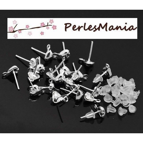 Ps1117025 pax 30 boucles d'oreille clou, puce coeur 8mm, avec attache, embouts poussoirs plastique, métal finition argent vif