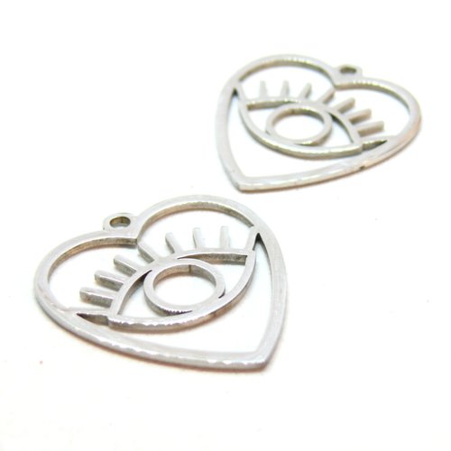 H11n090la0071 pax 2 pendentifs oeil de la protection dans coeur 24.5mm, acier inoxydable 304 finition argenté