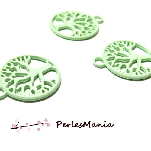 5 medaillons arbre metal couleur vert pastel biface 20mm ref 79, diy base en métal argenté.