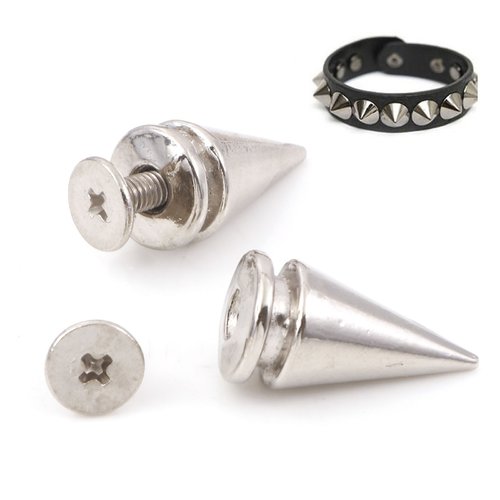 Ps1118975 pax 6 sets de clous à visser, rivets punk, forme cone rivets 25 par 9mm, métal couleur argent platine