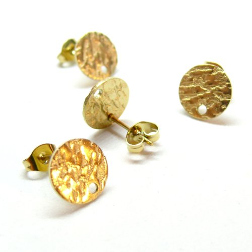 H11m228t0101g pax 6 boucles d'oreilles, puces rond martelé 10mm avec trou, acier inoxydable, finition doré, placage ionique avec embouts