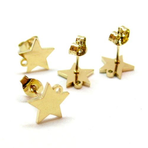 H11hi20670g pax 4 boucles d' oreille, puce forme etoile 10 mm avec attache et embouts, acier inoxydable 304 finition doré, placage ionique