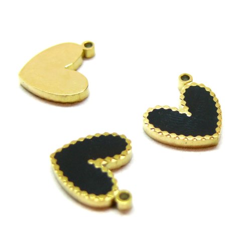 Bu112312251802043530 pax 2 pendentifs, breloques émaillées, coeur noir 11mm, acier inoxydable 304 doré