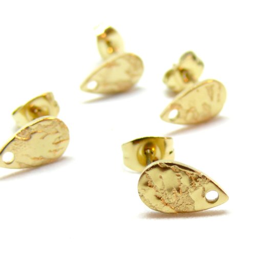 H11l21647g pax 4 boucles d'oreilles clous, puce goutte 10mm, martelé avec trou et embouts, acier inoxydable 304, doré placage ionique