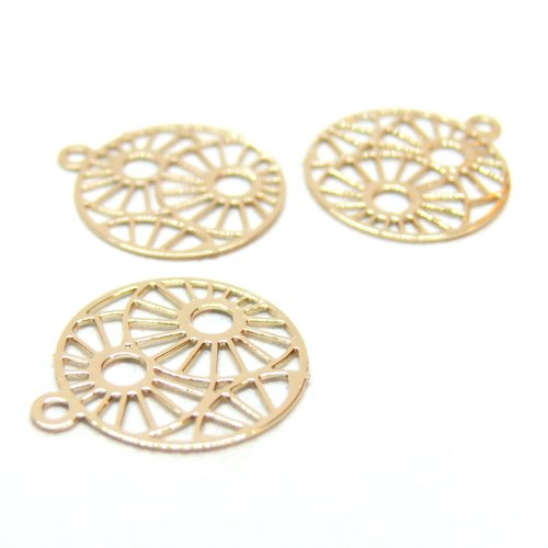 H11d00111k pax 10 estampes, pendentif filigrane, medaillon zen 15mm, laiton finition doré à l'or fin 14k