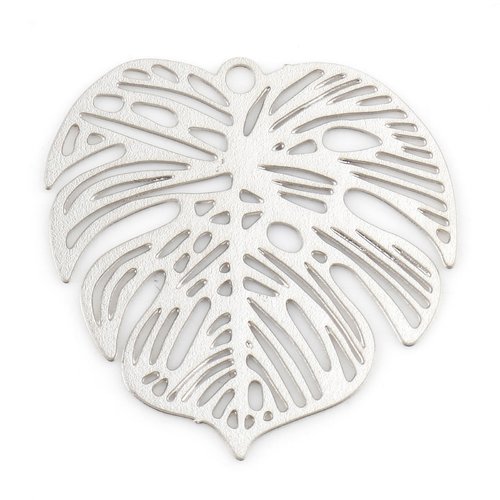 H11r10221p pax 6 estampes, pendentifs filigrane, feuille monstera exotique 32mm, acier inoxydable finition argenté