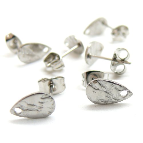 H11o11928p pax 4 boucles d'oreilles clous, puce goutte 10mm, martelé avec trou et embouts, acier inoxydable 304, finition argenté