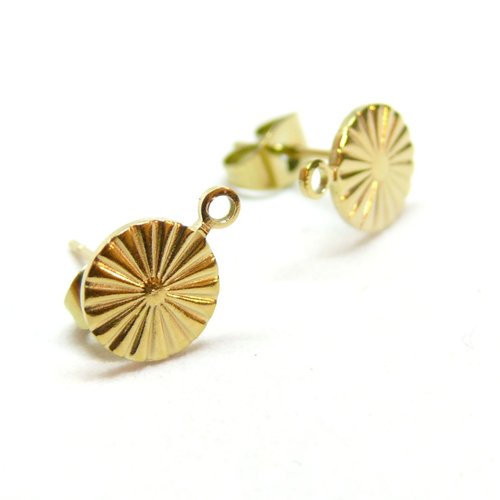 H11e19201g01 pax 2 boucles d'oreilles puce, cercle avec stries 8mm, acier inoxydable 316, doré à l'or fin 18k  avec embouts