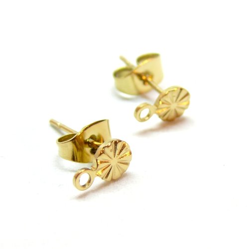 H11e19201g02 pax 2 boucles d'oreilles puce, cercle avec stries 4.5mm, acier inoxydable 316, doré à l'or fin 18k, avec embouts