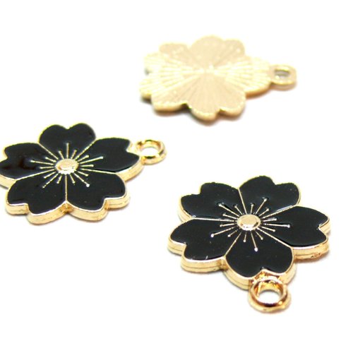 H11s121115d pax 10 pendentifs, breloques émaillées, fleurs de sakura noir 17mm, métal doré