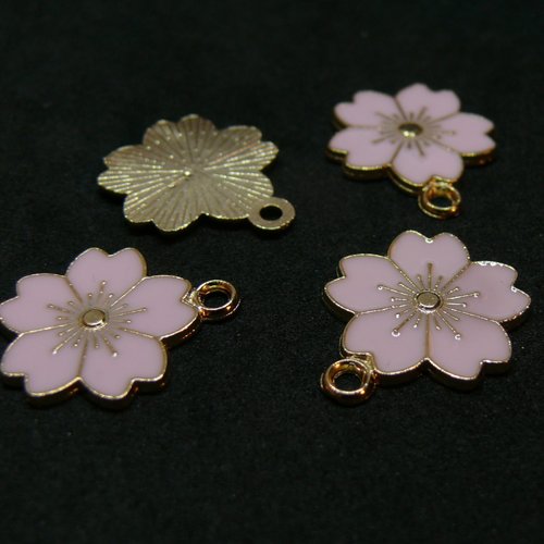 H11s121115b pax 10 pendentifs, breloques émaillées, fleurs de sakura rose 17mm, métal doré