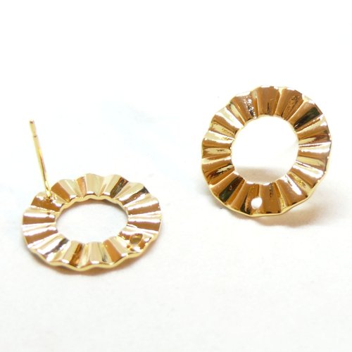 H11t05614g pax 2 boucles d'oreilles puce, cercle avec stries 17mm avec trou d'accroche, laiton doré à l'or fin 18k