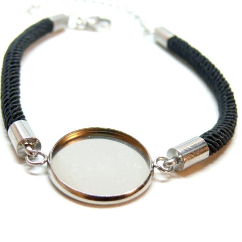 H11h00402hp01 pax 1 support de bracelet, cordon noir, pour cabochon 18mm, acier inoxydable 304, finition argenté