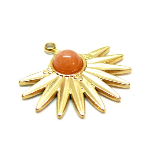 Ps11870538 pax 1 pendentif demi soleil eventail 20 mm, acier inoxydable finition doré 18kt et pierre orange