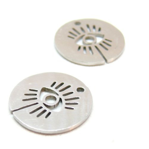 H11q240044p pax 2 pendentifs, médaillon amulette avec œil de la protection, acier inoxydable , finition argenté