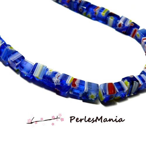 H5702d lot de 10 perles cubes verre 6mm, millefiori bleu, pour création de bijoux
