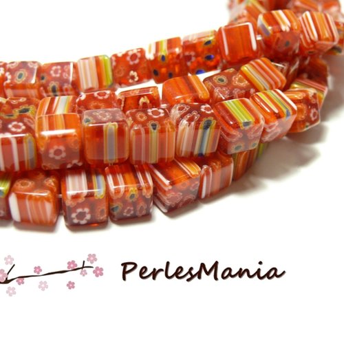 Lot de 10 perles cube verre 8mm millefiori, rouge orange