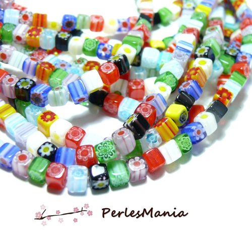 Hj1132 lot de 20 perles cube verre 4mm millefiori, multicolores