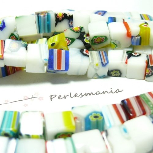 Lot de 10 perles en verre 10mm cube, millefiori blanc multicolore, perles et accessoires pour bijoux