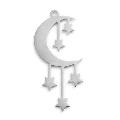 Ps11765809 pax 1 pendentif etoile et lune 42 mm, acier inoxydable finition argenté, pour bijoux raffinés