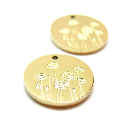 Ps11940725 pax 2 pendentifs médaillon avec fleurs 13mm, acier inoxydable 304 finition doré, placage sous vide