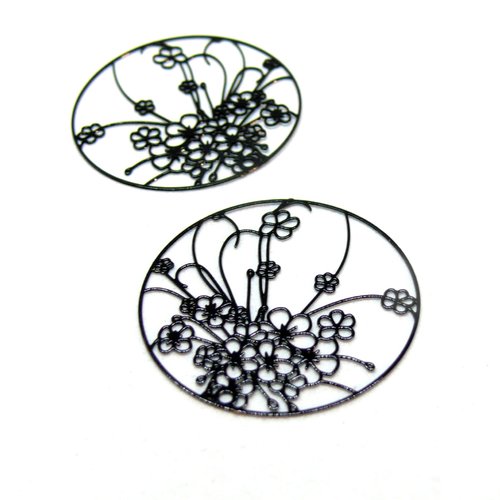 Ae114140 lot de 4 estampes, pendentif, filigrane champ de fleurs 30mm, métal couleur noir