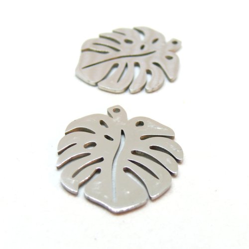 Hn090jn8231 pax 2 pendentifs feuille exotique, monstera 24mm, acier inoxydable, finition argenté pour bijoux raffinés