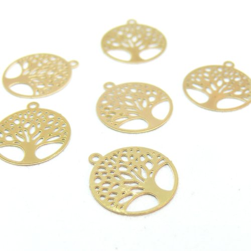 H11t05749g pax 10 estampes, pendentifs arbre de vie 13.5mm, acier inoxydable 304, doré à l'or fin 18k