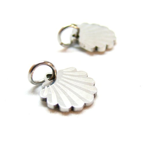 H11t049t6731 pax 2 pendentifs avec anneau, coquille saint jacques 10mm, acier inoxydable, finition argenté