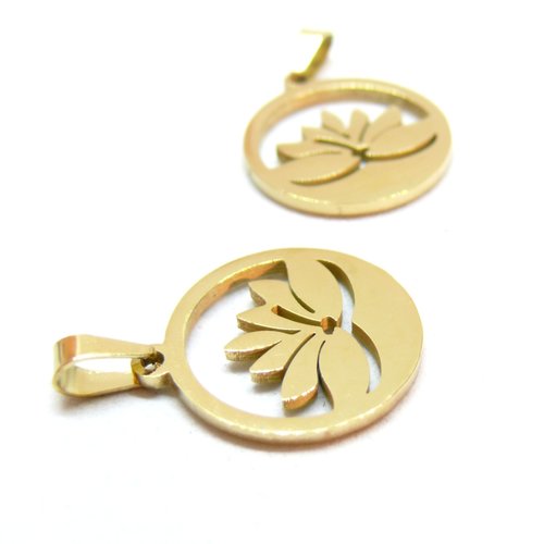 H11p23408g pax 1 pendentif fleur de lotus 20mm avec bélière, acier inoxydable 304, finition doré