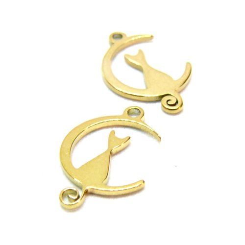 H11n098081lg pax 2 pendentifs chat dans lune 16mm, acier inoxydable 304 doré à l'or fin 18k, placage ionique