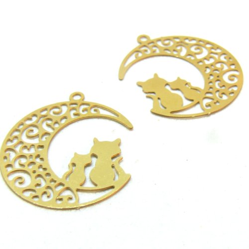 H11t05733gpax 4 estampes, pendentif filigrane chats et lune 19mm, acier inoxydable, finition doré à l'or fin 18k