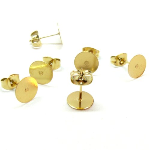 H11h436248 pax 20 boucles d'oreille puce, plateau lisse rond 8mm avec embouts, acier inoxydable 304 finition doré 24k