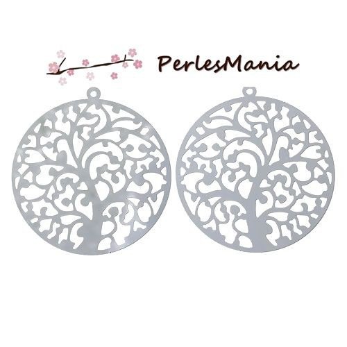 Ps11069111 pax 4 estampes arbre dans cercle 40mm, acier inoxydable argenté, pour création de bijoux raffinés