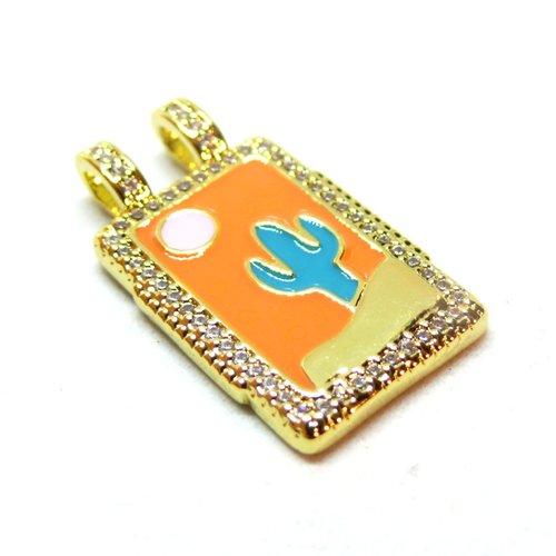 Ps11944076 pax 1 pendentif, rectangle avec cactus 27mm, laiton finition doré à l'or fin 18k avec zirconium
