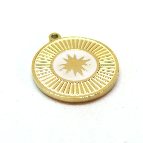 Ps110940751 pax 1 pendentif, médaillon rond, etoile 15mm, résine émaillée, acier inoxydable 304, doré à l'or fin 18k, placage pvd