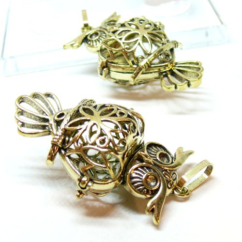 H11pw000105ab pax 1 pendentif cage et perle bola nature harmony grossesse, chouette, hibou 18mm, finition bronze