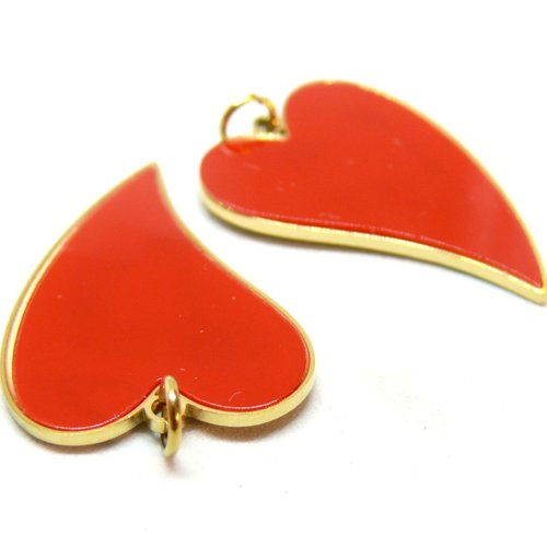 H11o00308g pax 1 pendentif avec anneau, coeur rouge en résine émaillé 25mm, acier inoxydable 304, finition doré placage ionique