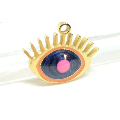 H11h21318g pax 1 pendentif grigri, amulette,oeil de la protection en résine émaillé 16mm, acier inoxydable,finition doré a l'or fin 18k