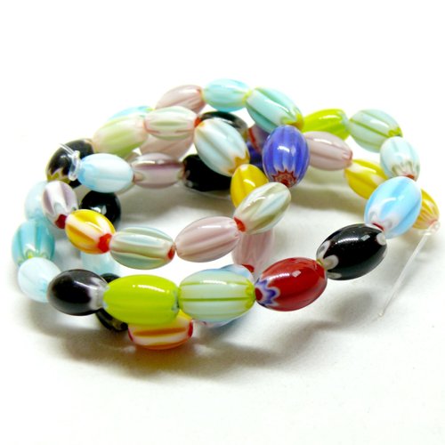 H11r00485 pax 1 fil d'environ 40 perles ovale 8 par 6mm, millefiori multicolores ( coloris aléatoire )