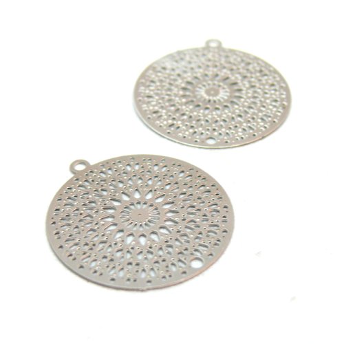 H11r10212p pax 10 estampes mandala 20mm, acier inoxydable finition argent platine, pour création de bijoux raffinés