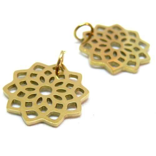 H11s105t516g pax 1 pendentif avec anneau, fleur mandala, acier inoxydable 304, finition doré , placage pvd