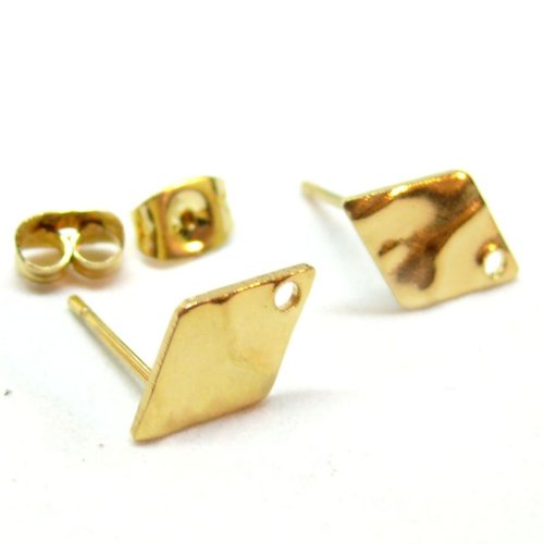 H11l024003g05 pax 2 boucles d'oreilles,puces losange martelées 12mm ,trou et embouts poussoirs, acier inoxydable, finition dore à l'or 18k