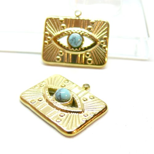 H11c064vc834 pax 1 pendentif, rectangle œil de la protection avec turquoise, acier inoxydable, finition doré à l'or fin 18k, placage pvd