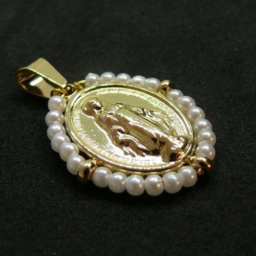 H11h141a11g pax 1 pendentif religieux, vierge entourée de perles, acier inoxydable chirurgical 316 finition doré